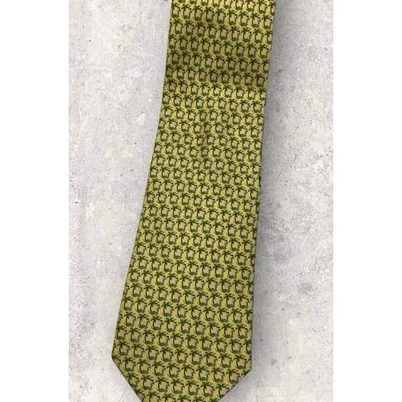 SALVATORE FERRAGAMO Silk Tie ITALY Yellow Green Palm Kangaroo W:3.7 EUC